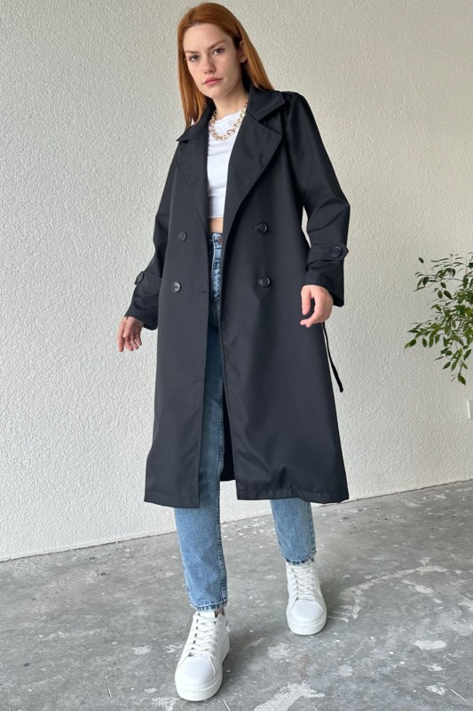 CKT-12414 Siyah Düğmeli Kuşaklı Klasik Model Trençkot - 1