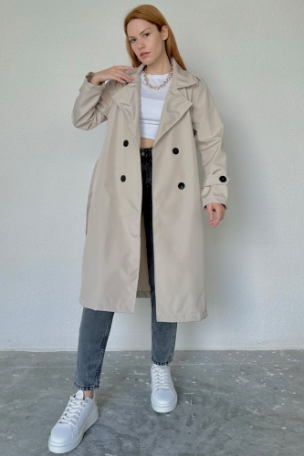 CKT-12414 Taş Rengi Siyah Düğmeli Kuşaklı Klasik Model Trençkot 