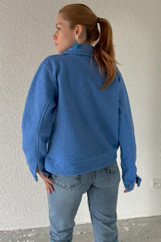 CKT-12416 Mavi Teddy Kumaş Cep Detaylı Düğmeli Ceket - 4