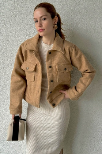 CKT-12416 Vizon Teddy Kumaş Cep Detaylı Düğmeli Ceket - 1