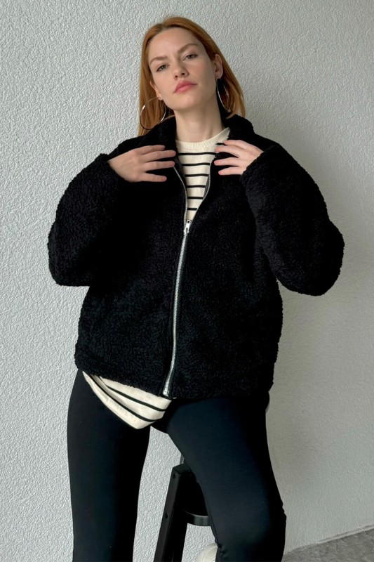 CKT-12417 Siyah Peluş Kumaş Astarlı Fermuarlı Cepli Ceket - 4