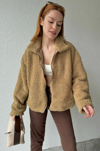 CKT-12417 Vizon Peluş Kumaş Astarlı Fermuarlı Cepli Ceket - 3