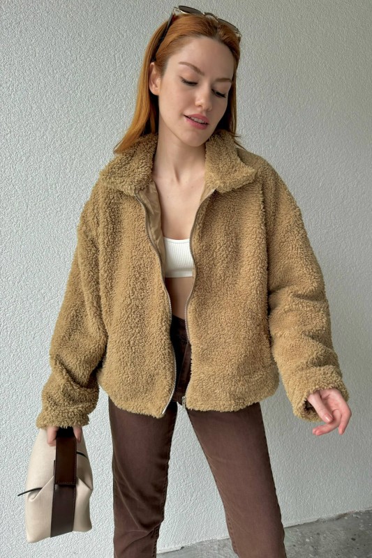 CKT-12417 Vizon Peluş Kumaş Astarlı Fermuarlı Cepli Ceket - 3