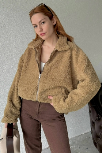 CKT-12417 Vizon Peluş Kumaş Astarlı Fermuarlı Cepli Ceket - 4