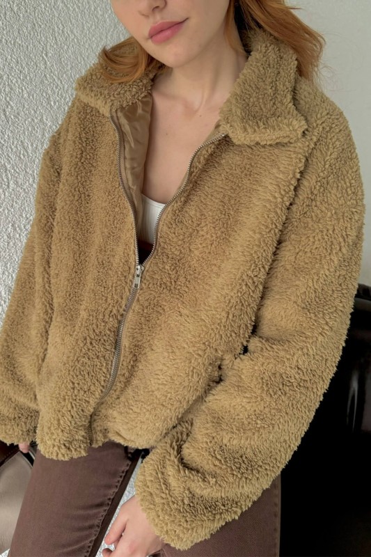 CKT-12417 Vizon Peluş Kumaş Astarlı Fermuarlı Cepli Ceket - 2