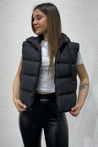 CKT-12419 Siyah Kuşgözü İpli Kapüşonlu Astarlı Şişme Yelek - 1