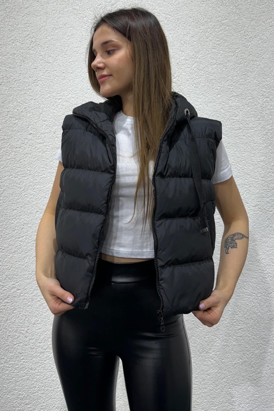 CKT-12419 Siyah Kuşgözü İpli Kapüşonlu Astarlı Şişme Yelek - 1