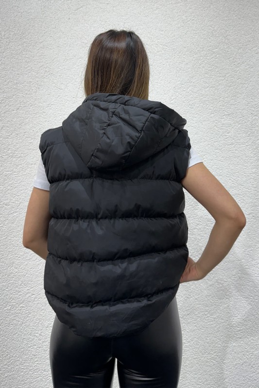 CKT-12419 Siyah Kuşgözü İpli Kapüşonlu Astarlı Şişme Yelek - 4