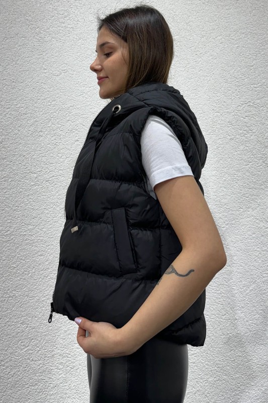 CKT-12419 Siyah Kuşgözü İpli Kapüşonlu Astarlı Şişme Yelek - 3