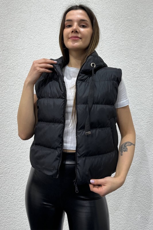 CKT-12419 Siyah Kuşgözü İpli Kapüşonlu Astarlı Şişme Yelek - 2