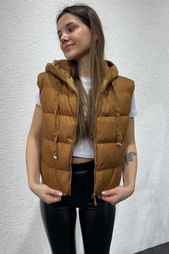 CKT-12419 Taba Kuşgözü İpli Kapüşonlu Astarlı Şişme Yelek - 3