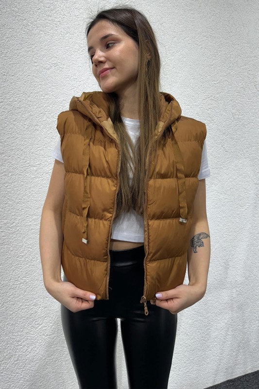 CKT-12419 Taba Kuşgözü İpli Kapüşonlu Astarlı Şişme Yelek - 3