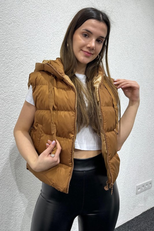 CKT-12419 Taba Kuşgözü İpli Kapüşonlu Astarlı Şişme Yelek - 1