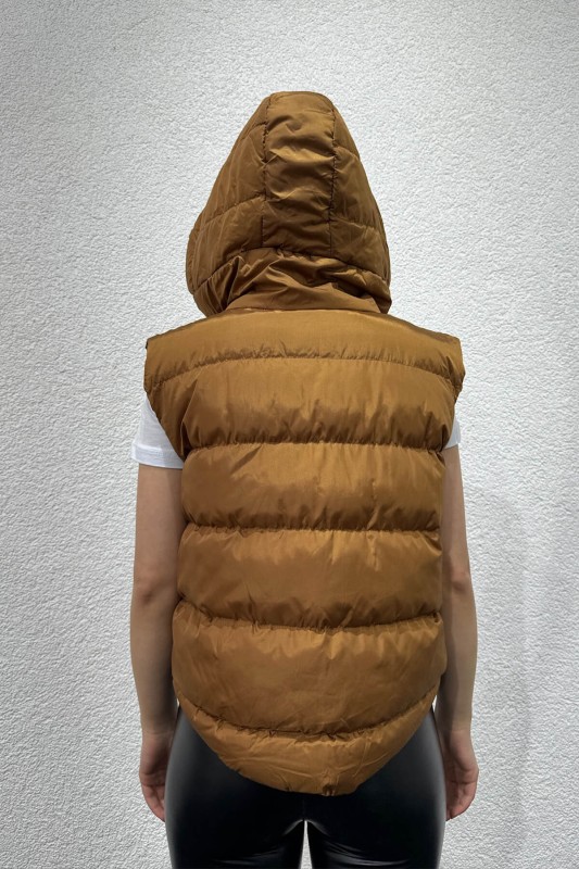 CKT-12419 Taba Kuşgözü İpli Kapüşonlu Astarlı Şişme Yelek - 4