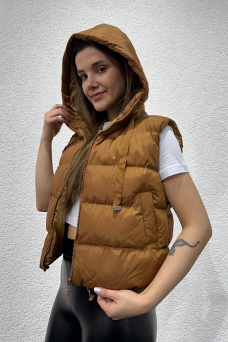 CKT-12419 Taba Kuşgözü İpli Kapüşonlu Astarlı Şişme Yelek - 2