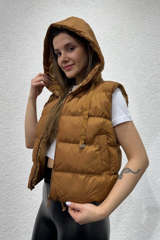 CKT-12419 Taba Kuşgözü İpli Kapüşonlu Astarlı Şişme Yelek - 2