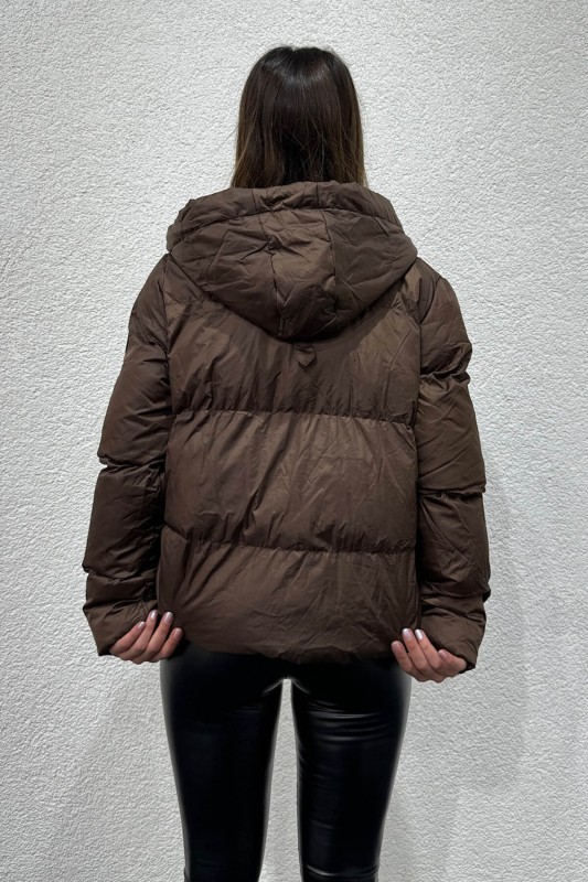 CKT-12422 Kahverengi Çıtçıtlı Cep Detay Kapüşonlu Astarlı Şişme Mont - 5