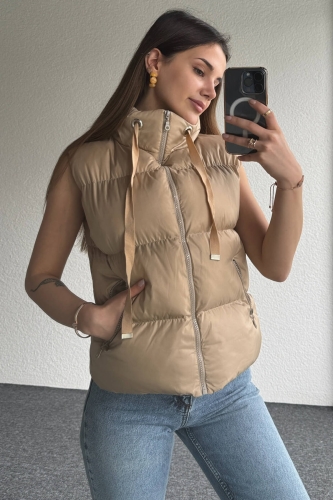 CKT-12423 Koyu Vizon Dik Yaka İpli Fermuarlı Cepli Şişme Yelek - 2