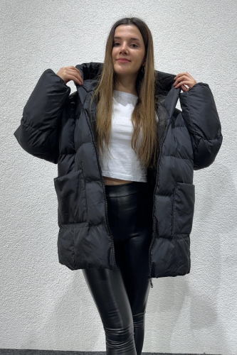 CKT-12426 Siyah Oversize Cepli Kapüşonlu Salaş Şişme Mont - 3
