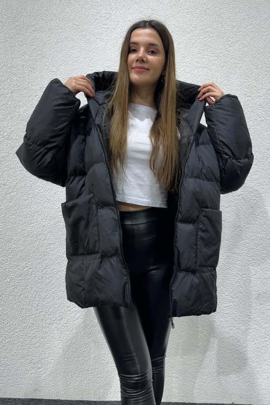 CKT-12426 Siyah Oversize Cepli Kapüşonlu Salaş Şişme Mont - 3