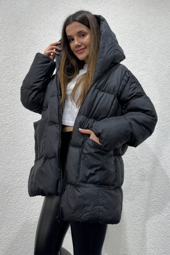 CKT-12426 Siyah Oversize Cepli Kapüşonlu Salaş Şişme Mont - 2
