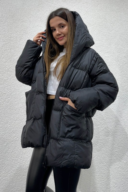CKT-12426 Siyah Oversize Cepli Kapüşonlu Salaş Şişme Mont - 2
