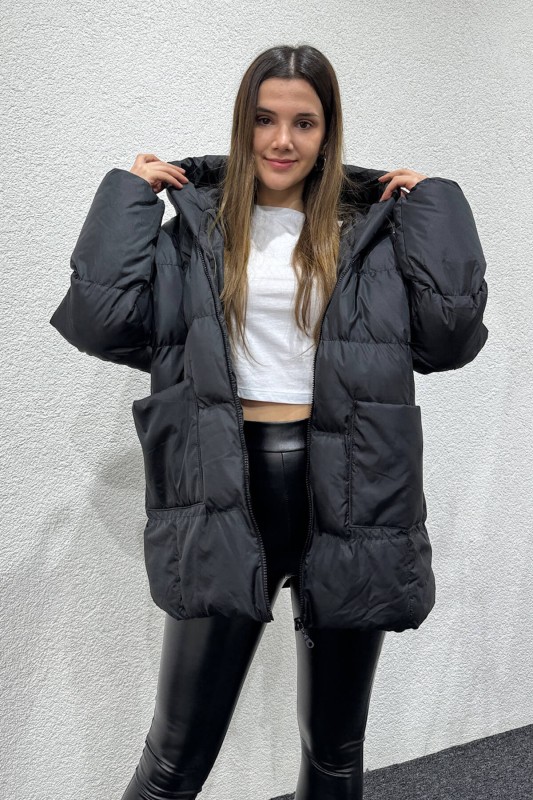 CKT-12426 Siyah Oversize Cepli Kapüşonlu Salaş Şişme Mont - 1