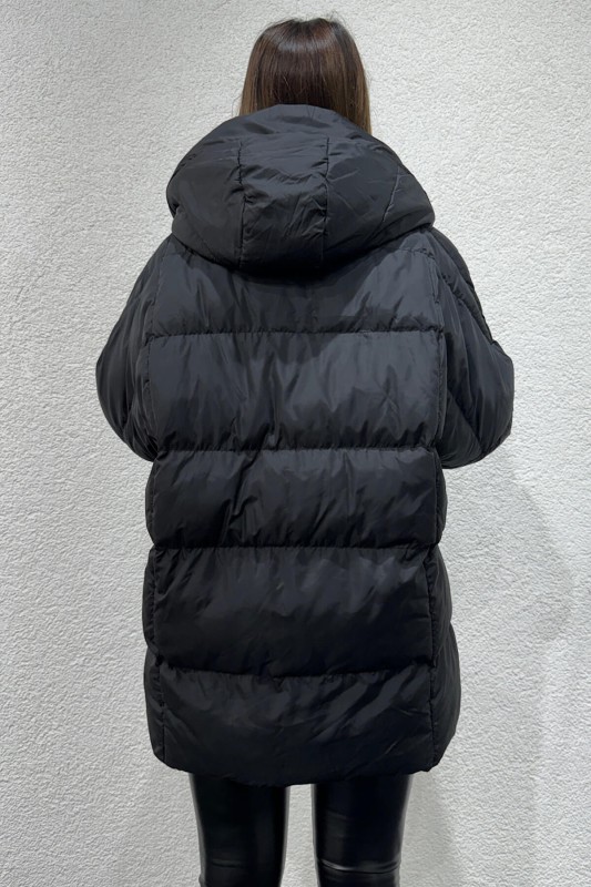CKT-12426 Siyah Oversize Cepli Kapüşonlu Salaş Şişme Mont - 4