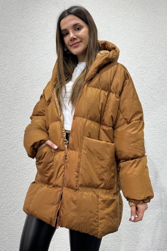 CKT-12426 Taba Oversize Cepli Kapüşonlu Salaş Şişme Mont 