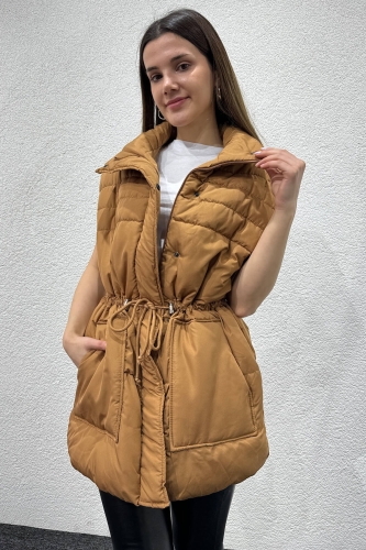 CKT-12428 Taba Bel Büzgülü Dik Yaka Cepli Şişme Yelek 