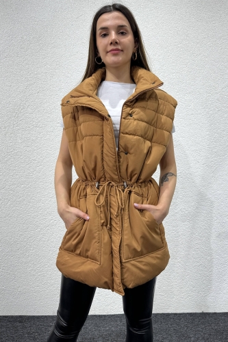 CKT-12428 Taba Bel Büzgülü Dik Yaka Cepli Şişme Yelek - 2