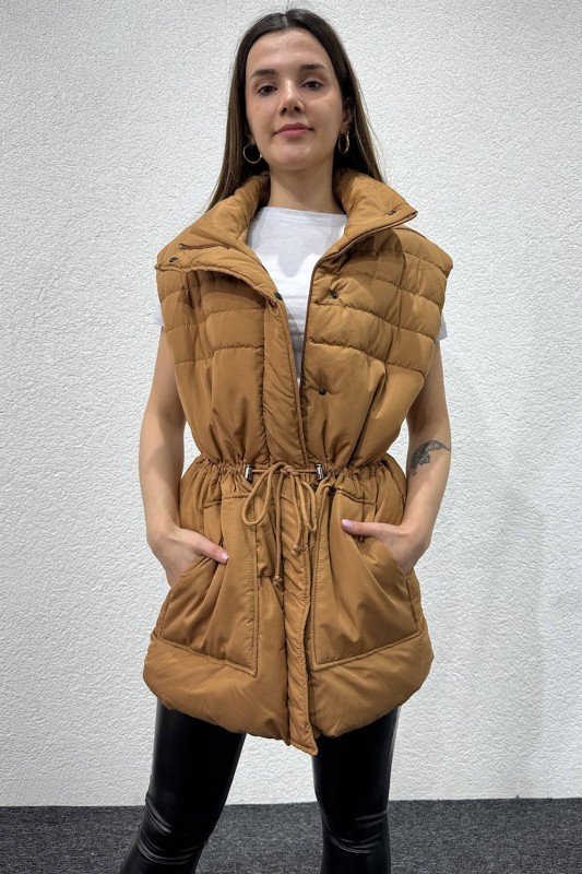 CKT-12428 Taba Bel Büzgülü Dik Yaka Cepli Şişme Yelek - 2
