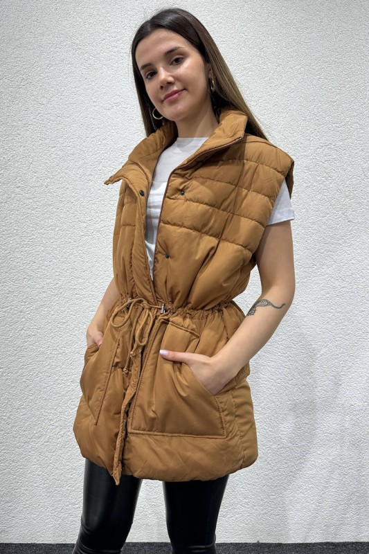 CKT-12428 Taba Bel Büzgülü Dik Yaka Cepli Şişme Yelek - 3