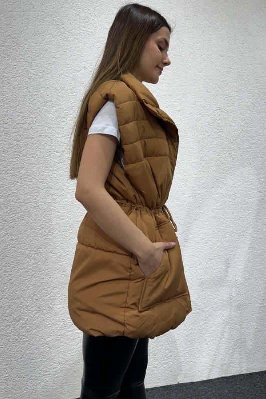 CKT-12428 Taba Bel Büzgülü Dik Yaka Cepli Şişme Yelek - 4