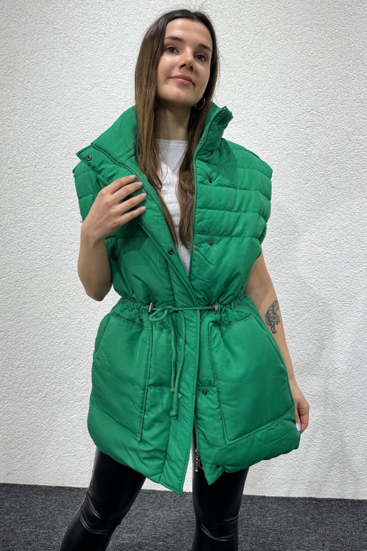 CKT-12428 Yeşil Bel Büzgülü Dik Yaka Cepli Şişme Yelek - 2