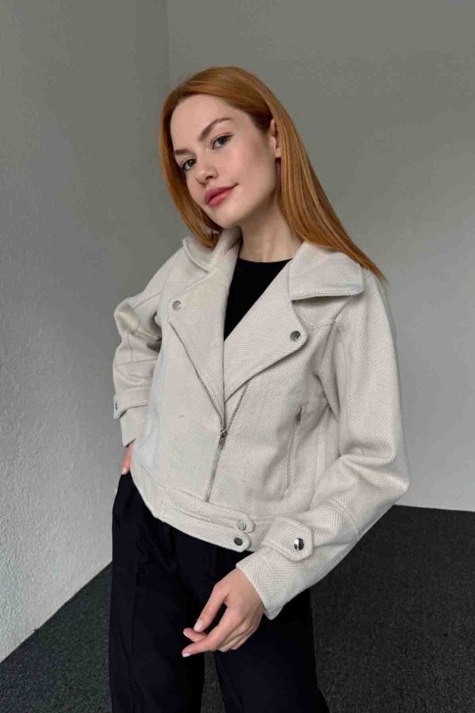 CKT-12432 Taş Rengi Kaz Ayağı Desenli Kruvaze Yaka Cepli Ceket - 1