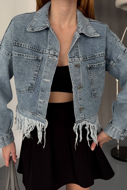 CKT-12433 Açık Mavi Püskül Detaylı Cepli Crop Kot Ceket - 2