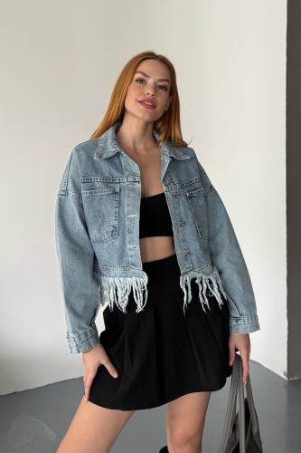 CKT-12433 Açık Mavi Püskül Detaylı Cepli Crop Kot Ceket - 1