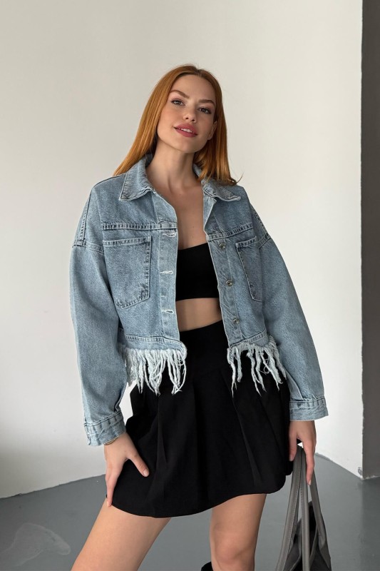 CKT-12433 Açık Mavi Püskül Detaylı Cepli Crop Kot Ceket - 1