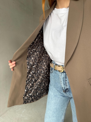CKT-12435 Kahverengi Leopar Astarlı Vatkalı Kruvaze Yaka Blazer Ceket - 2