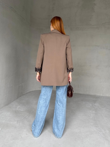 CKT-12435 Kahverengi Leopar Astarlı Vatkalı Kruvaze Yaka Blazer Ceket - 6
