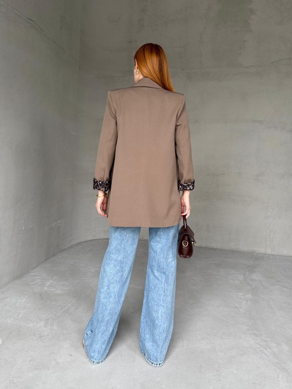CKT-12435 Kahverengi Leopar Astarlı Vatkalı Kruvaze Yaka Blazer Ceket - 6