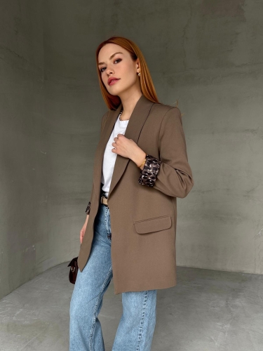 CKT-12435 Kahverengi Leopar Astarlı Vatkalı Kruvaze Yaka Blazer Ceket 