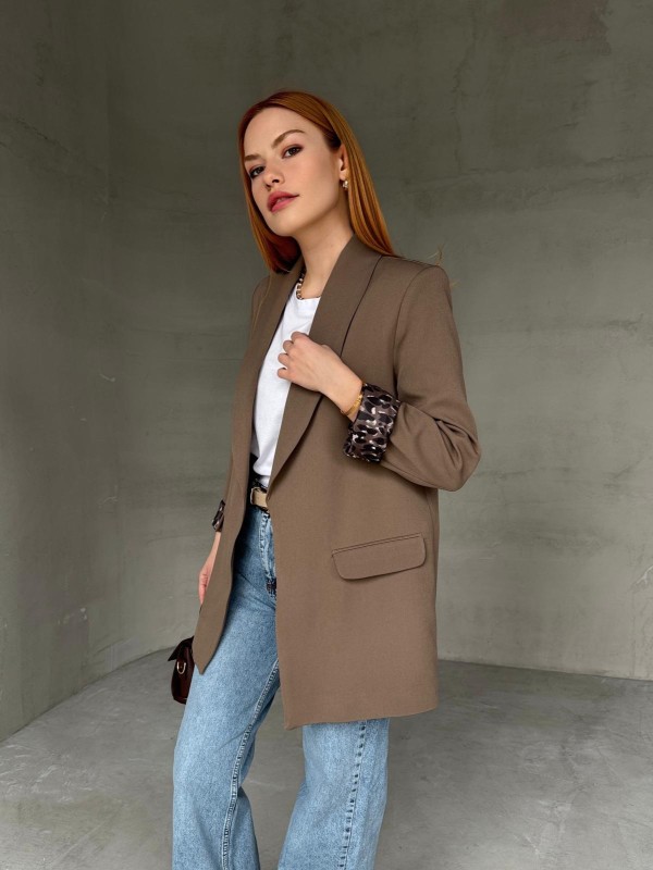 CKT-12435 Kahverengi Leopar Astarlı Vatkalı Kruvaze Yaka Blazer Ceket - 1
