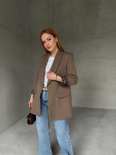 CKT-12435 Kahverengi Leopar Astarlı Vatkalı Kruvaze Yaka Blazer Ceket - 5
