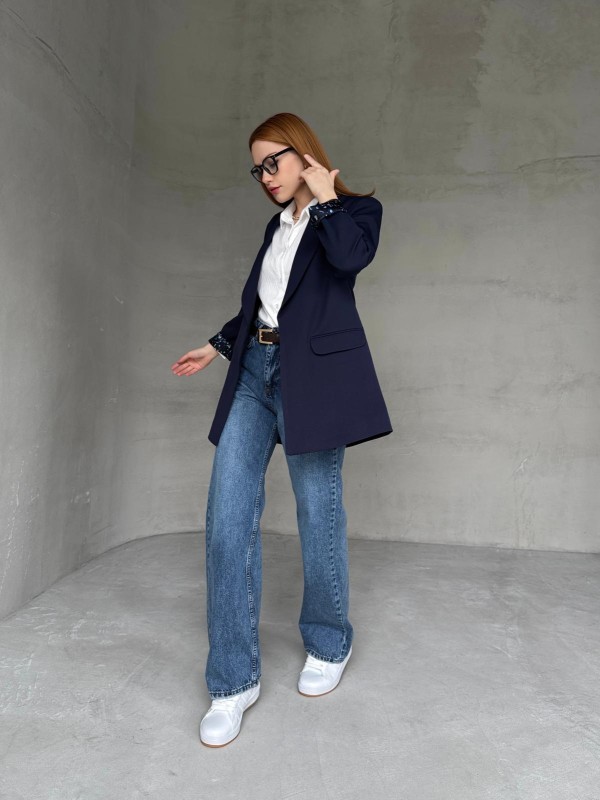 CKT-12435 Lacivert Leopar Astarlı Vatkalı Kruvaze Yaka Blazer Ceket - 3