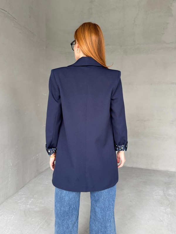 CKT-12435 Lacivert Leopar Astarlı Vatkalı Kruvaze Yaka Blazer Ceket - 5