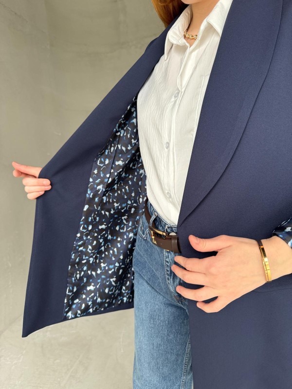 CKT-12435 Lacivert Leopar Astarlı Vatkalı Kruvaze Yaka Blazer Ceket - 2