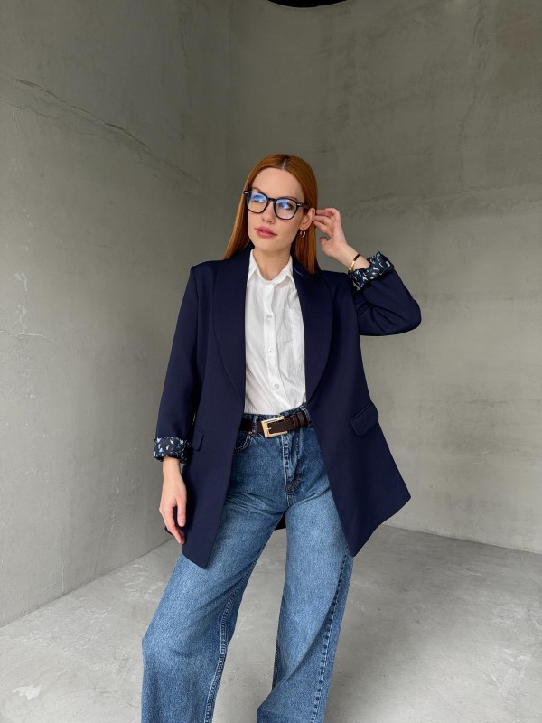 CKT-12435 Lacivert Leopar Astarlı Vatkalı Kruvaze Yaka Blazer Ceket - 4
