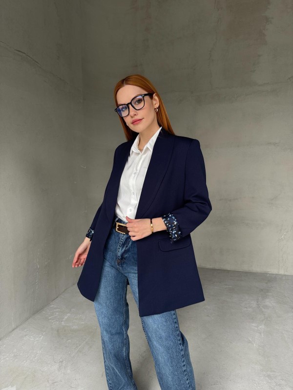 CKT-12435 Lacivert Leopar Astarlı Vatkalı Kruvaze Yaka Blazer Ceket - 1